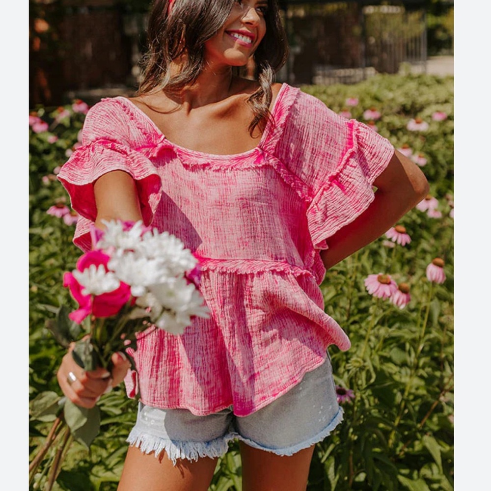 Bibi | Mineral Wash Gauze Ruffle Blouse Deep Square Neck Hot Pink Raw Frayed - Picture 3 of 14